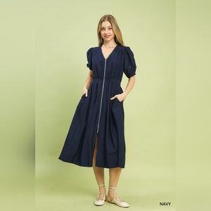 Umgee Zip-Front Smocked Waist Midi Dress